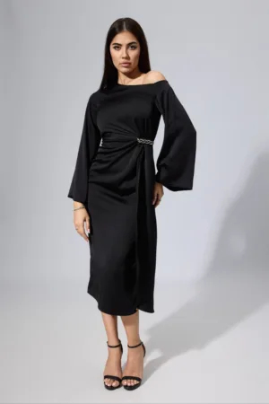 Rochie de ocazie din satin cu strass-uri in talie Felicita Neagra