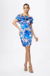 Rochie de ocazie din satin cu volan peste bust Enrika Albastru Floral