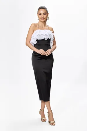 Rochie de ocazie din satin cu volane albe Shalisha Bicolora