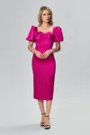 Rochie de ocazie din satin maneci bufante Rafaelle Fucsia
