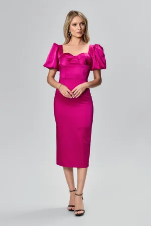 Rochie de ocazie din satin maneci bufante Rafaelle Fucsia