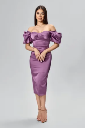 Rochie de ocazie din satin maneci bufante Rafaelle Mov