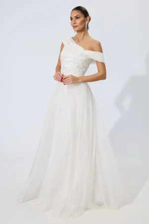 Rochie de ocazie din tull cu broderie Bride Alba
