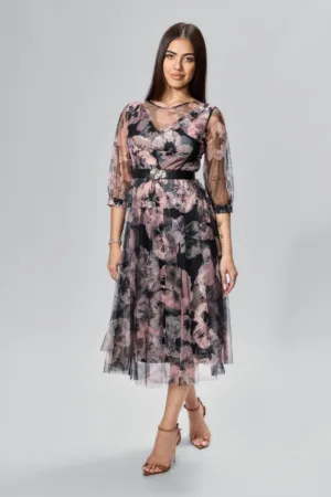 Rochie de ocazie din tull cu imprimeu Peonia Negru Floral
