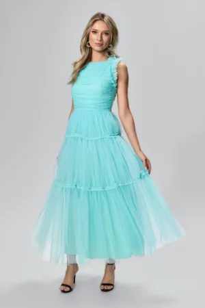 Rochie de ocazie din tull cu volanase Yulissa Turcoaz