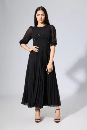 Rochie de ocazie din voal cu broderie si strass-uri in talie Merve Neagra