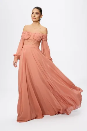 Rochie de ocazie din voal cu bust incretit Sensitive Peach