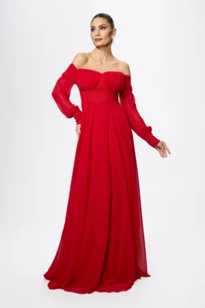 Rochie de ocazie din voal cu bust incretit Sensitive Rosie