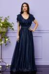 Rochie de ocazie din voal cu glitter si decolteu cu volane Cinderella Bleumarin