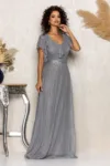Rochie de ocazie din voal cu glitter si decolteu cu volane Cinderella Gri