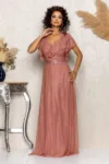 Rochie de ocazie din voal cu glitter si decolteu cu volane Cinderella Peach