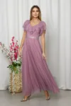 Rochie de ocazie din voal cu glitter si decolteu cu volane Cinderella Rose