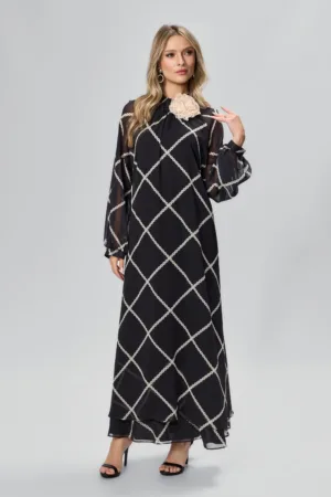 Rochie de ocazie din voal cu imprimeu si brosa tip floare Norlene Neagra