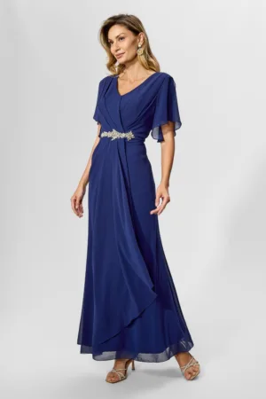 Rochie de ocazie din voal cu strass-uri in talie Marvela Bleumarin
