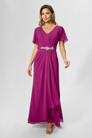 Rochie de ocazie din voal cu strass-uri in talie Marvela Magenta