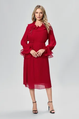 Rochie de ocazie din voal plisat cu brosa tip floare Bellatrix Bordo