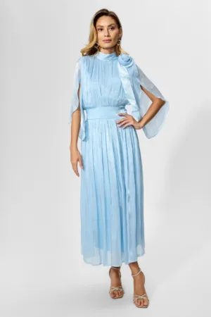 Rochie de ocazie din voal satin cu floare 3D Averria Bleu