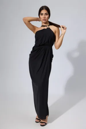 Rochie de ocazie din voal tip one shoulder Khloe Neagra