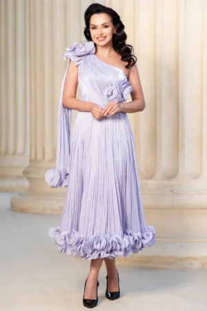 Rochie de ocazie eleganta Caroline lila midi din voal peliculizat plisat