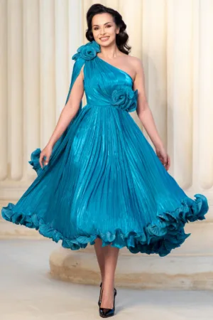 Rochie de ocazie eleganta Caroline turquoise midi din voal peliculizat plisat