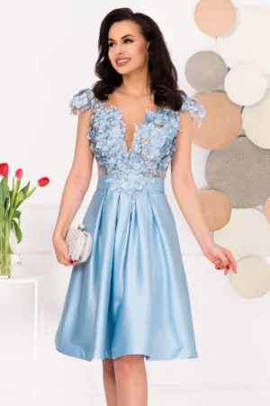 Rochie de ocazie eleganta bleu in clos Liana cu flori 3D