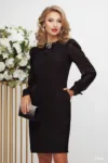 Rochie de ocazie eleganta conica neagra cu maneci din voal si brosa