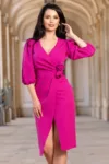 Rochie de ocazie eleganta fucsia conica cu fronseuri si bujori 3D