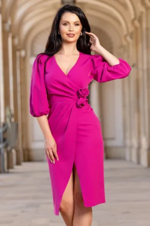 Rochie de ocazie eleganta fucsia conica cu fronseuri si bujori 3D