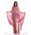 Rochie de ocazie lunga din voal roz cu broderie 3D aplicata manual
