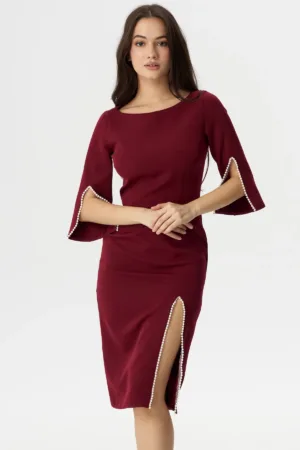 Rochie de ocazie midi Daria bordo decorata cu margele