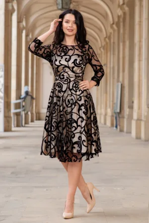 Rochie de ocazie midi Francesca cu model din catifea si dublura bej