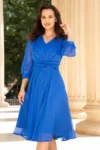 Rochie de ocazie midi albastra in clos Romina cu fir lurex