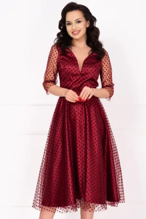 Rochie de ocazie midi bordo in clos Eufrenia din tulle cu buline
