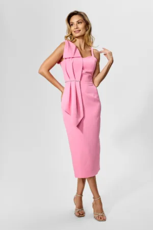 Rochie de ocazie midi cu funda pe umar si strass-uri in talie Lindy Roz