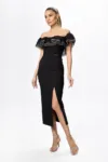 Rochie de ocazie midi cu volane din tull Derya Neagra