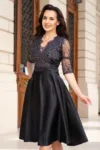 Rochie de ocazie midi neagra Lucrezia din tafta cu broderie