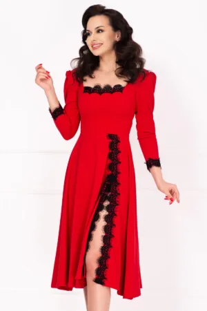 Rochie de ocazie midi rosie Jade in clos cu insertii de dantela