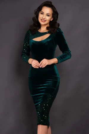 Rochie de ocazie midi verde din catifea Carmela cu insertii din paiete