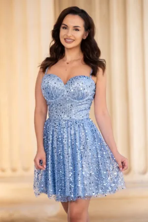 Rochie de ocazie mini bleu in clos decorata cu paiete