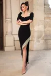Rochie de ocazie neagra cambrata cu broderie de macrame