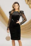 Rochie de ocazie neagra din catifea cu sclipici auriu si maneci din tulle
