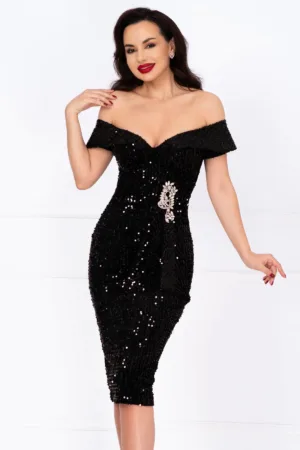Rochie de ocazie neagra din paiete Iolanda cu accesoriu din strassuri
