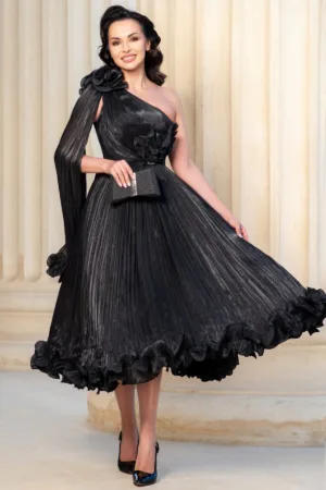 Rochie de ocazie neagra eleganta Caroline midi din voal peliculizat plisat