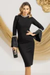 Rochie de ocazie neagra eleganta cu aplicatii din cristale si maneci tip petale