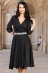 Rochie de ocazie neagra in clos Romina cu cordon stralucitor in talie