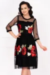 Rochie de ocazie neagra midi Andrada cu broderie florala
