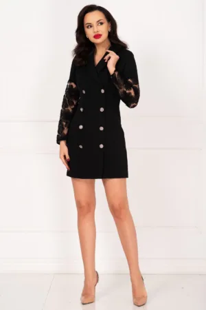 Rochie de ocazie neagra tip sacou cu maneci din tulle brodat