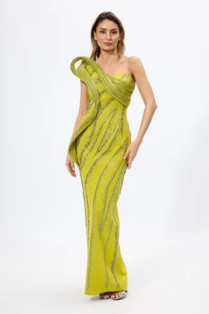 Rochie de ocazie premium accesorizata cu strass-uri si detalii 3D Amaltheea Fistic