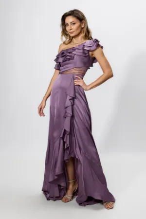 Rochie de ocazie premium asimetrica din satin cu volane Serenade Mov