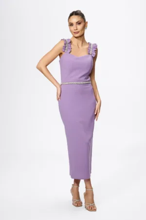 Rochie de ocazie premium cu bretele incretite si strass-uri Lorenza Mov